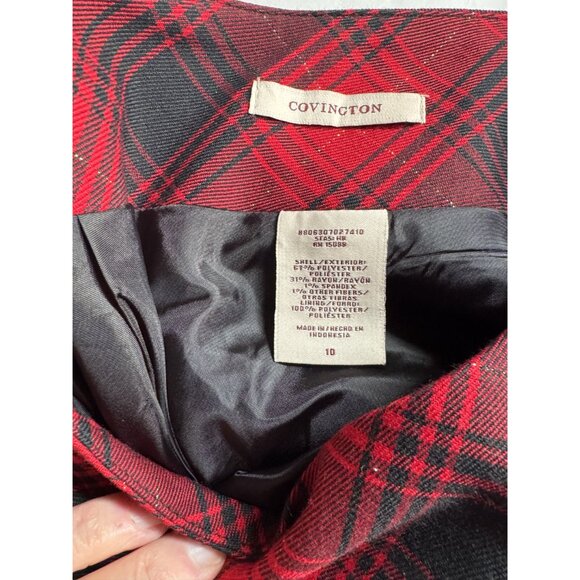 Vintage Covington Red & Black Plaid Midi Skirt Size 10 Polyester Blend Made In I - Picture 2 of 16
